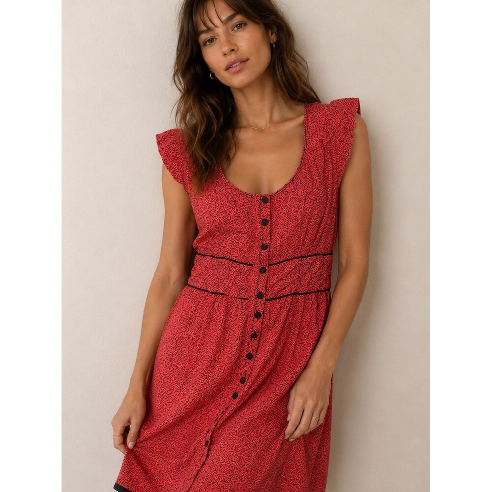 Anthropologie Maeve Red Floral Button Front Midi Dress Ruffle Sleeve Size 6